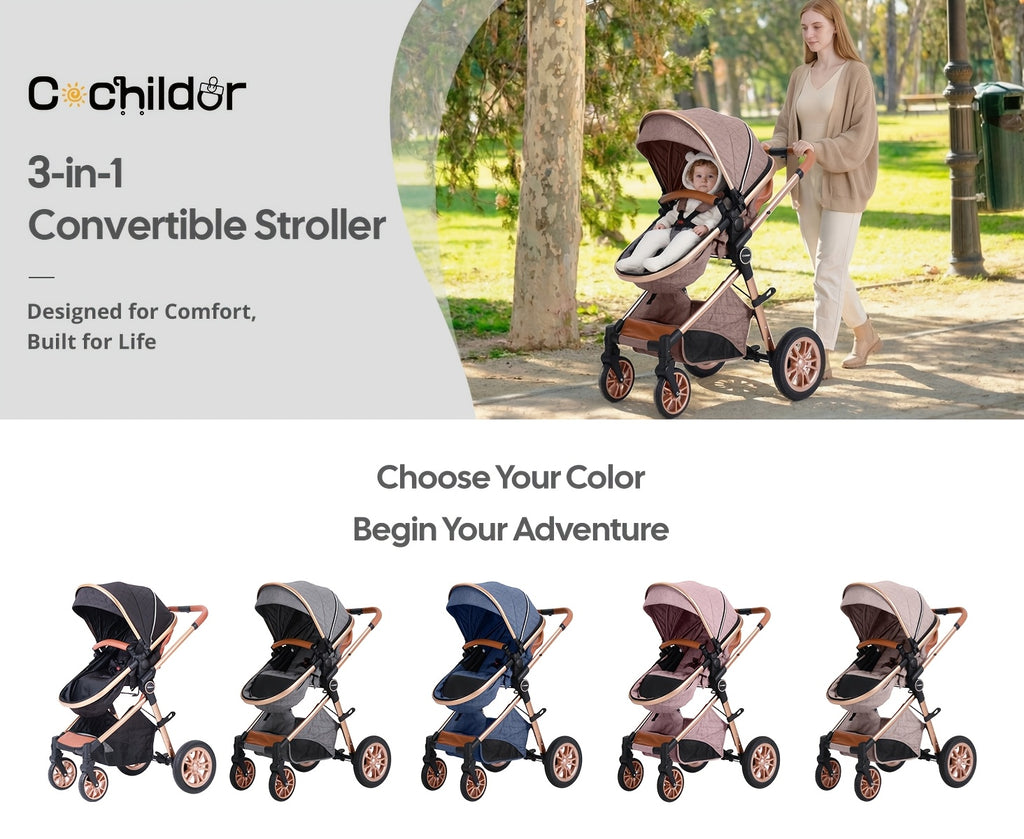 Cochildor Foldable Baby Stroller, Shock Absorption & All-Terrain Tires, Reversible Forward-Facing Push Adjustable Handlebar Large Sun Canopy Storage Basket, Lightweight Durable Aluminum Frame, for Travel Shopping Park - Two-way Baby Pram