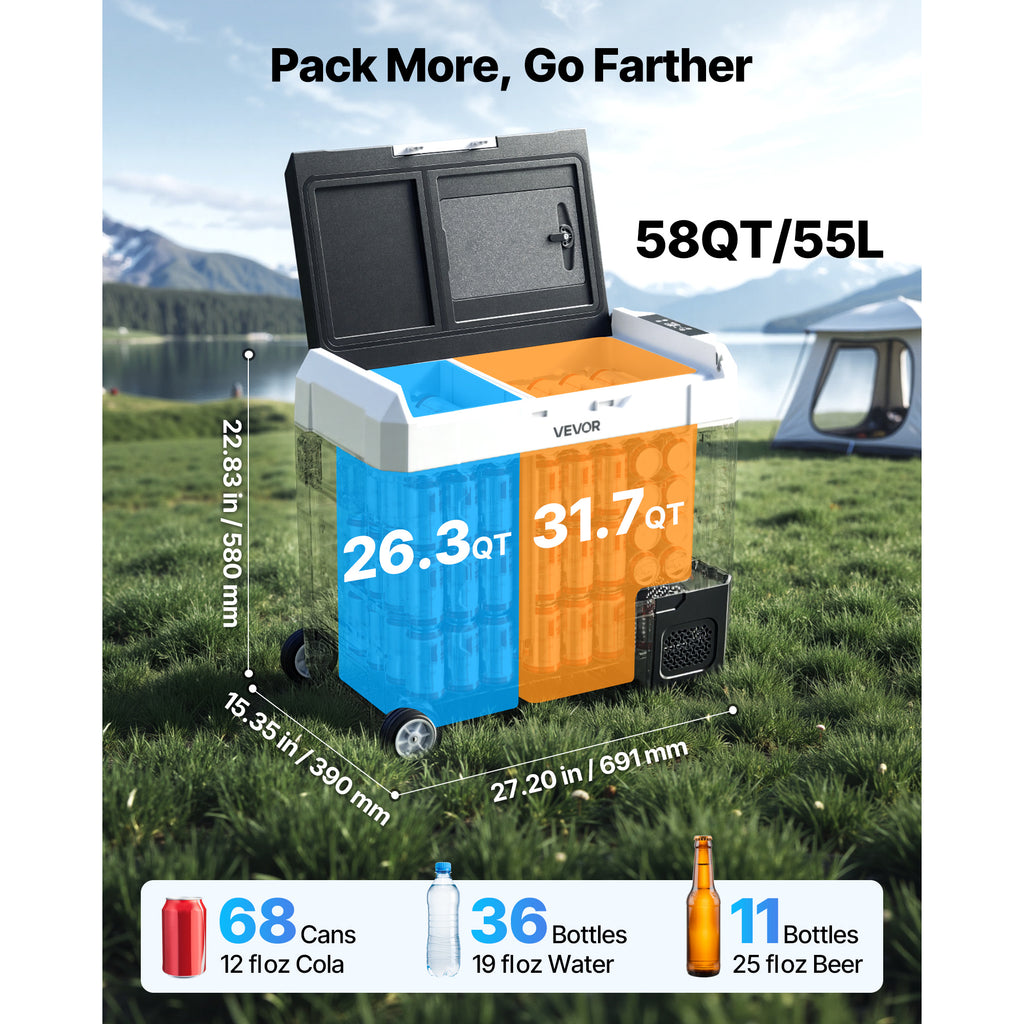 Car Refrigerator by VEVOR, 58 QT Dual-Zone Electric Cooler for RV Travel and Camping Trips