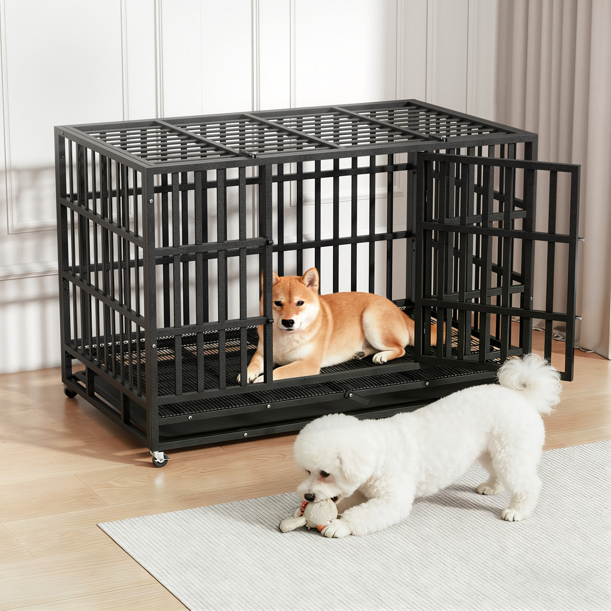 48inch Extra Large XXL Heavy-Duty Dog Crate - Double Door, Escape-Proof, Wheels, Removable Tray - Easy Cleaning Design For Large Breeds