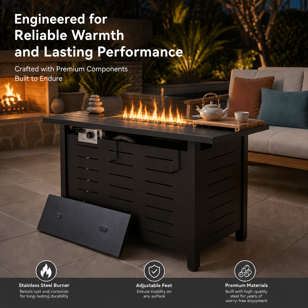 40 44in 50000 BTU Propane Fire Pit Outdoor - Rectangular Steel Gas Fire Table with Lid | Waterproof Cover Metal Black Firepit for Patio, Backyard, Deck (Black/Brown)
