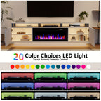 80 Inch LED Entertainment Center with 36 Inch Fireplace, for TVs Up to 90 Inches, Modern Wood TV Cabinet with High-gloss Storage, TV Stand with LED Light Strip Fireplace for Living Room