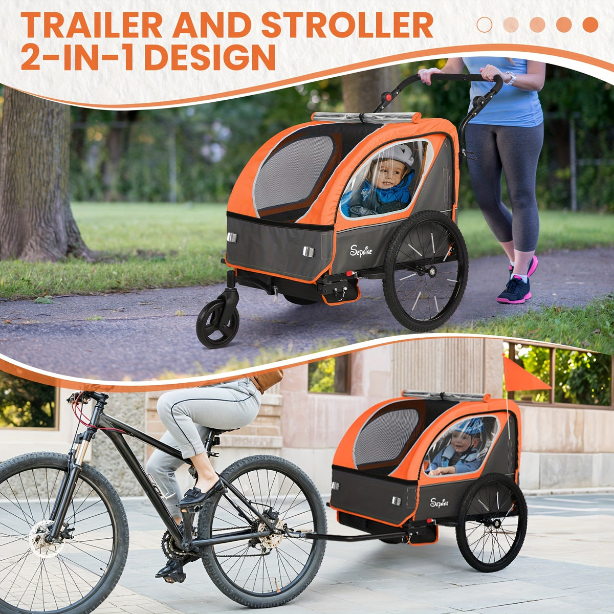 MOJAY Bike Trailer for Kids, 2 In1 Canopy Carrier Converts to Stroller, Suitable for 1 to 2 Toddlers, Kids, Quick Attach to Bike, Foldable, with 5-Point Harness And Storage Bags