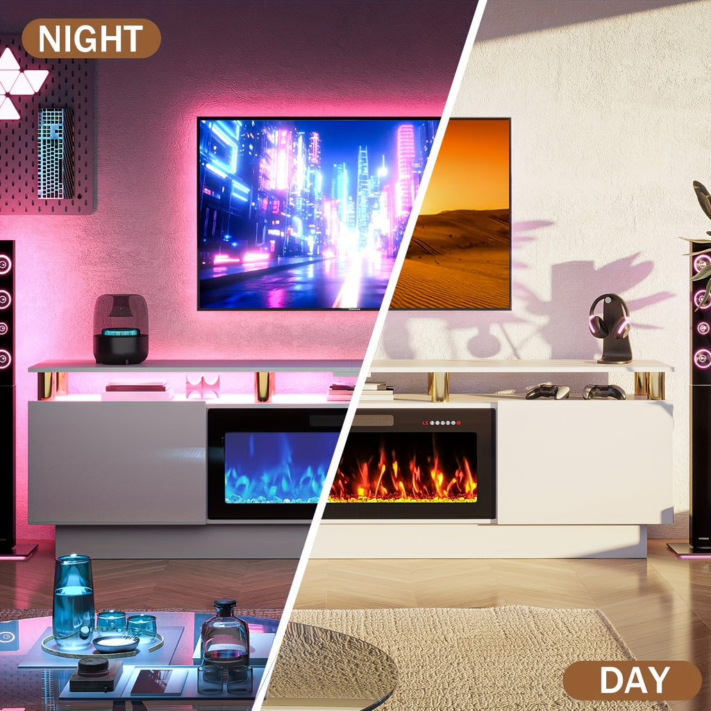 80" Fireplace TV Stand with 36" Fireplace, 2-Tier 80" LED Entertainment Center with Fireplace for Tvs Up to 90", Modern Wood TV Media with Storage Cabinets for Living Room
