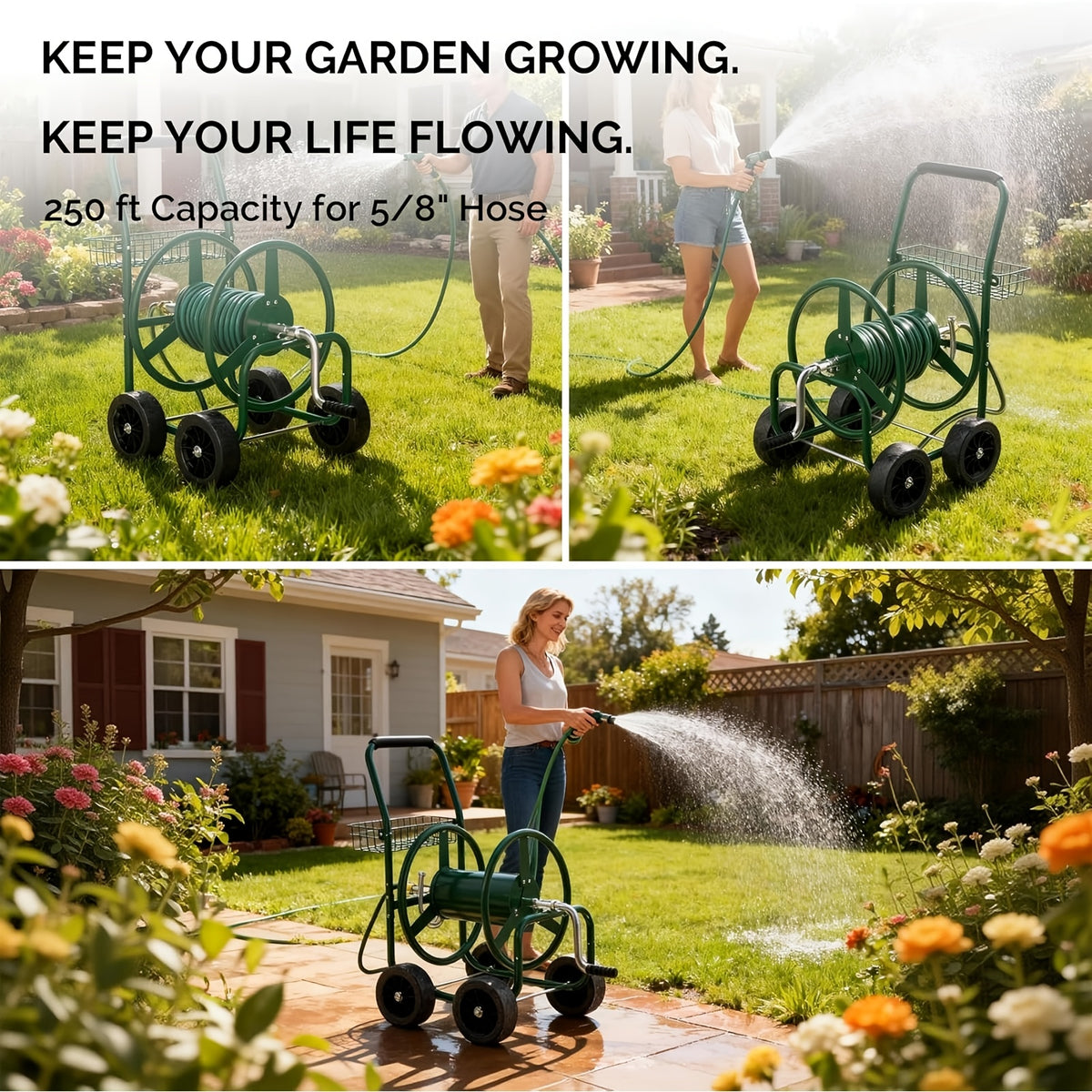 BONNLO Hose Reel Cart, Hold Up to 250ft Hose, Garden Water Hose Carts Mobile Tools with 4 Wheels, Heavy Duty Powder-coated Steel Outdoor Planting with Storage Basket, for Garden Yard Lawn, Upgrated Solid Tires
