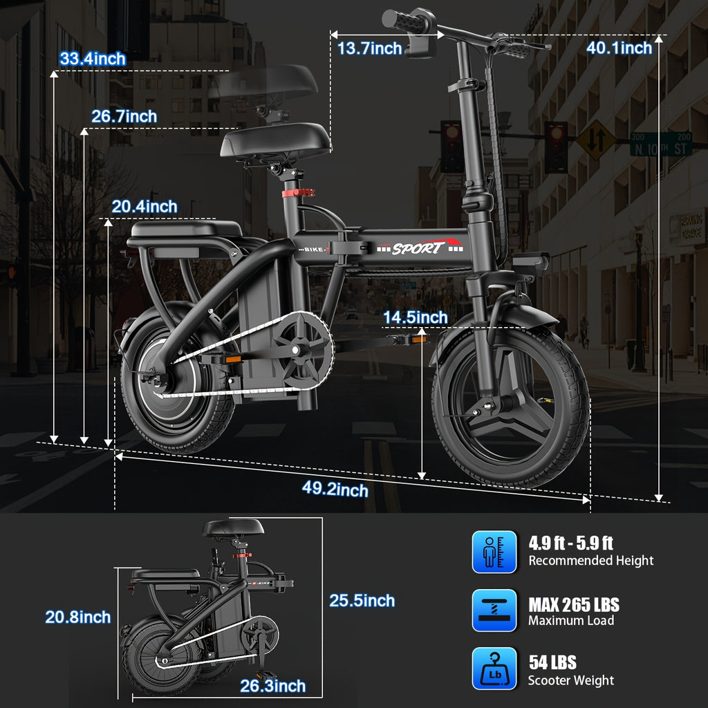 Folding Electric Bicycle, Peak Power 500 Watts, 20 Miles/Hour Brushless Motor, 14-Inch Tires, 48-Volt 10 Ampere-Hour Detachable Battery, Adult Electric Bicycle, Electric Bicycle, Suitable for Urban Commuting, Is The Best Choice for a Gift