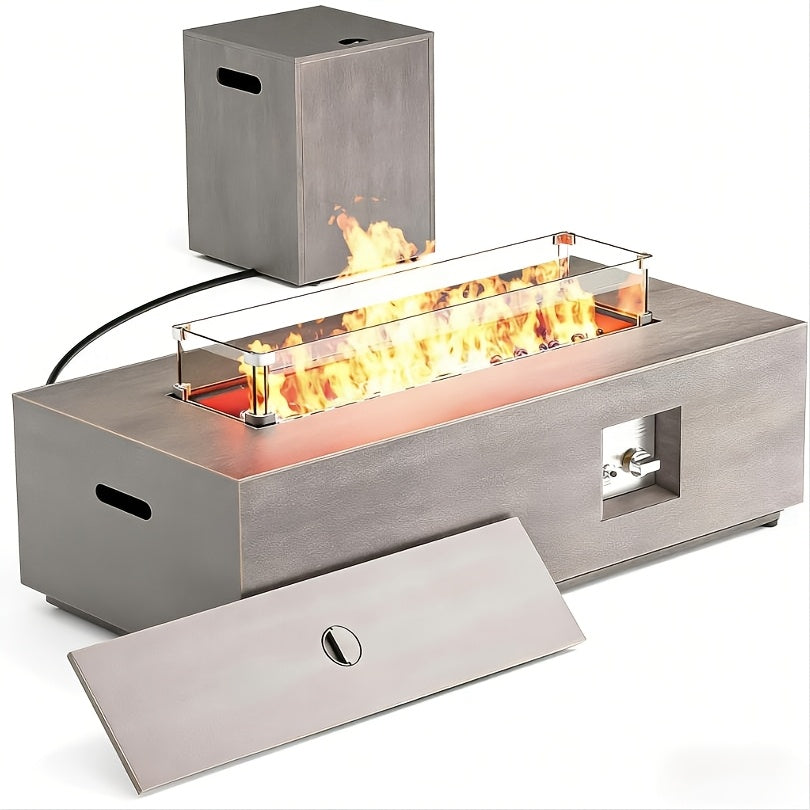 1pc 42 Inch Rectangular Propane Fire Pit Table 50, 000 BTU, Outdoor Gas Firepit With Lid, Blue Fire Glass & Glass Wind Guard, RGB/Warming Light, Includes Rain Cover For Patio, Backyard Deck (Black/Grey/Light Grey)