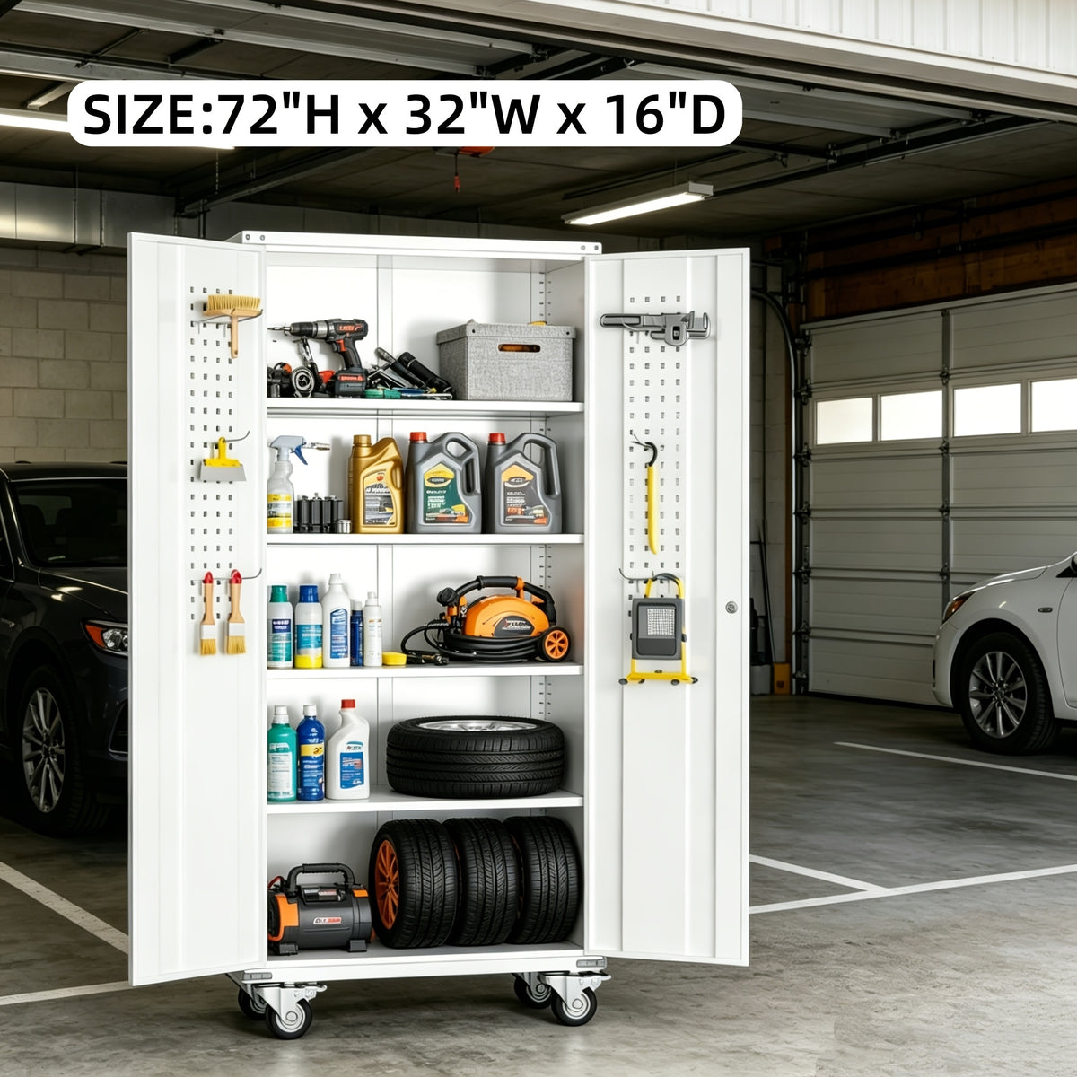 Metal Storage Cabinet with Wheels, Pegboards, Locking Doors And 4 Adjustable Shelves, 71"H/72"H/73"H Tool Cabinet for Garage, Home, Basement, Kitchen