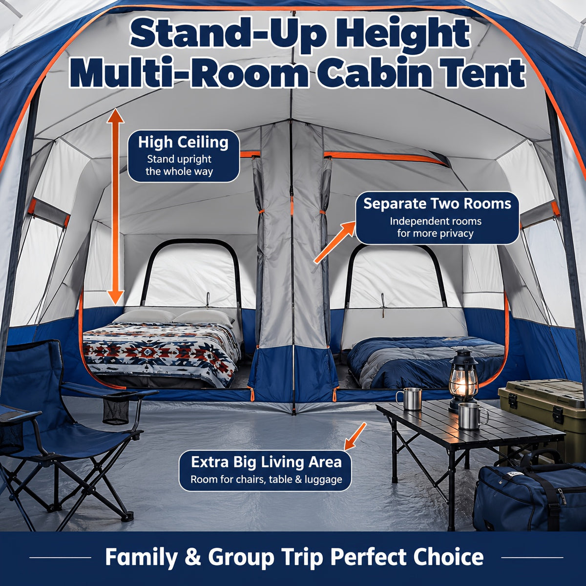 12-Person Camping Tent, Family Cabin Tent with 2/3 Rooms, Weatherproof, Features 6 Large Mesh Windows, Double Layer, Includes Dividing Curtain for Separate Rooms, Portable with Carry Bag