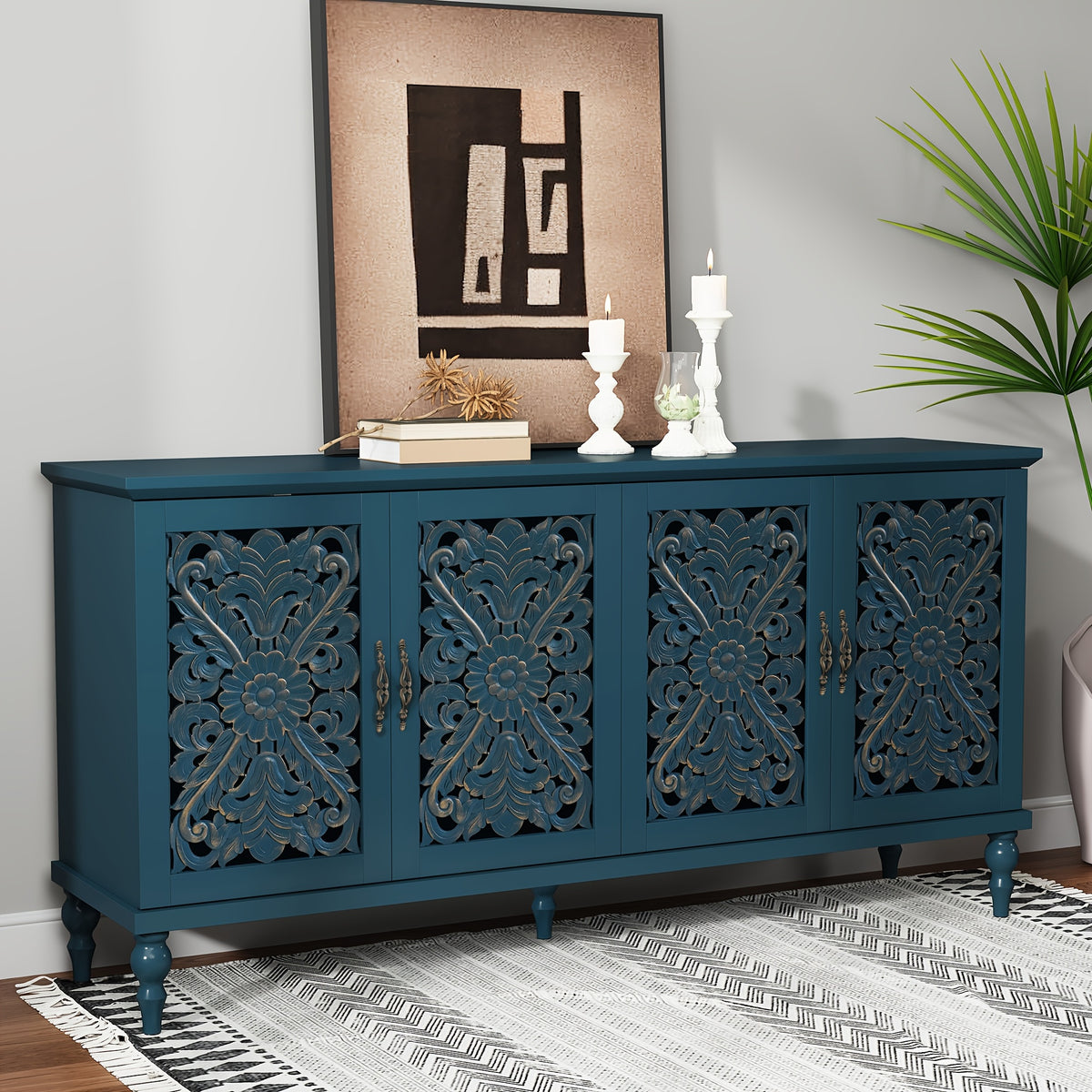63" Accent Cabinet with 4 Doors, Hollow Carved Vintage Sideboard Buffet with Adjust Shelves, Wood Credenza Storage for Living Room, Dining Room, Kitchen