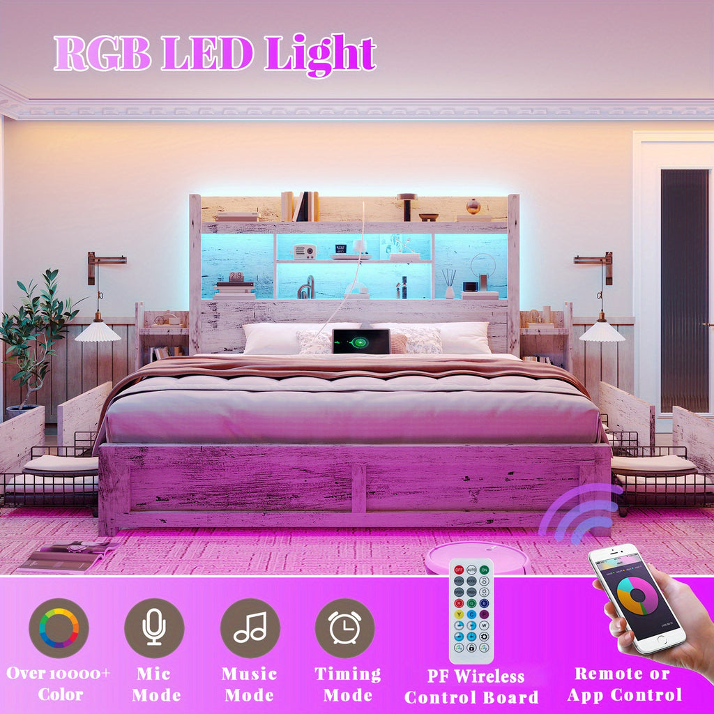 PAPABABE Bed Frame With 49.6 Inch Bookcase Headboard, 4 Drawers And 2 Detachable Storage Racks - Farmhouse Wood Bed Frame With RGB LED Lights And Charging Station, No Box Spring Needed