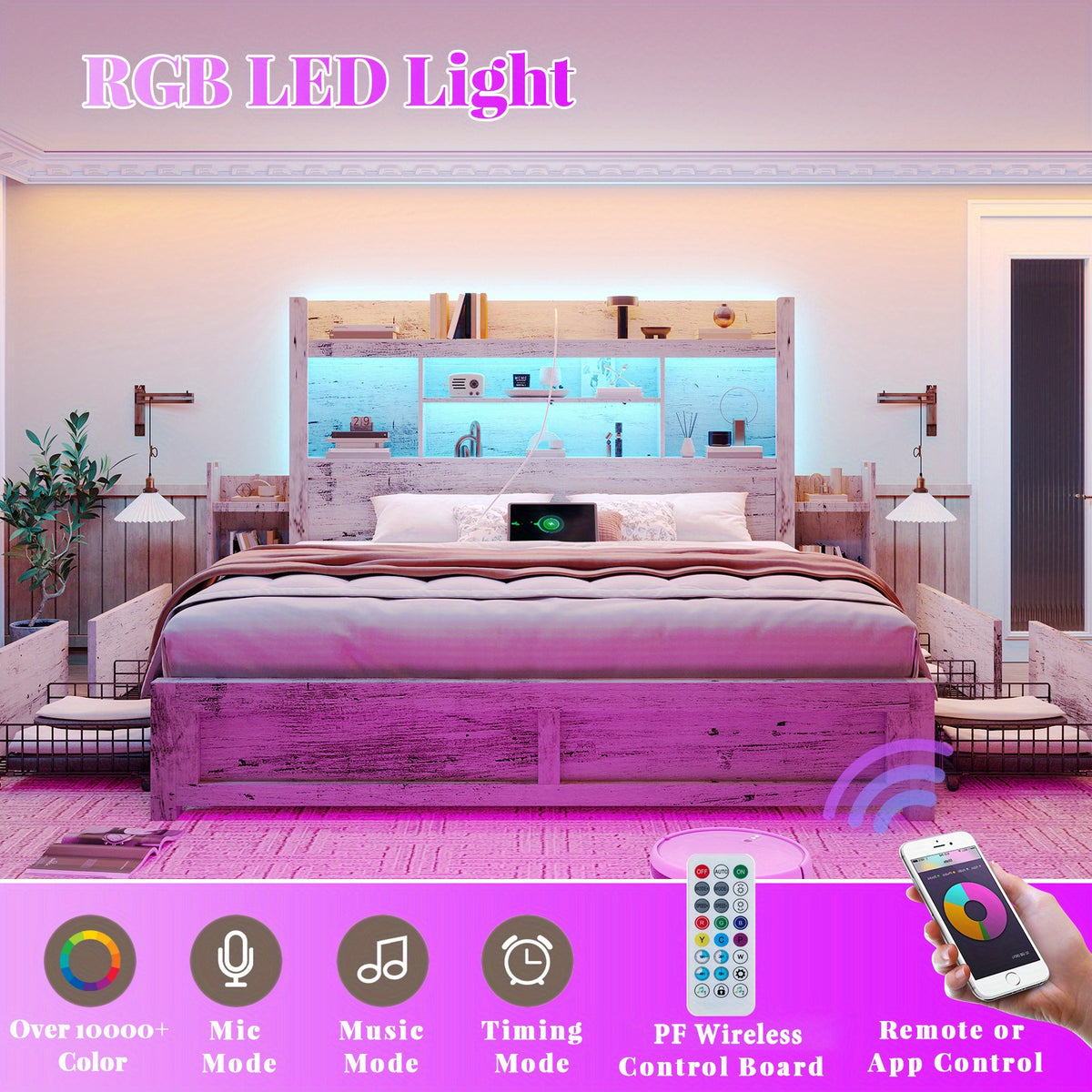 PAPABABE Bed Frame With 49.6 Inch Bookcase Headboard, 4 Drawers And 2 Detachable Storage Racks - Farmhouse Wood Bed Frame With RGB LED Lights And Charging Station, No Box Spring Needed