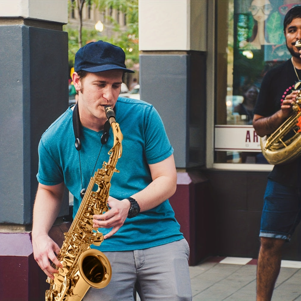 Glarry Mid-range Alto Drop E Lacquered Golden Saxophone, with Carve Patterns, Brass Material, Stylish Appearance, Kit with Hard Case, Cleaning Tools, for Beginner, All Experiance Level, Festival/ Birthday Gift for Music Lover