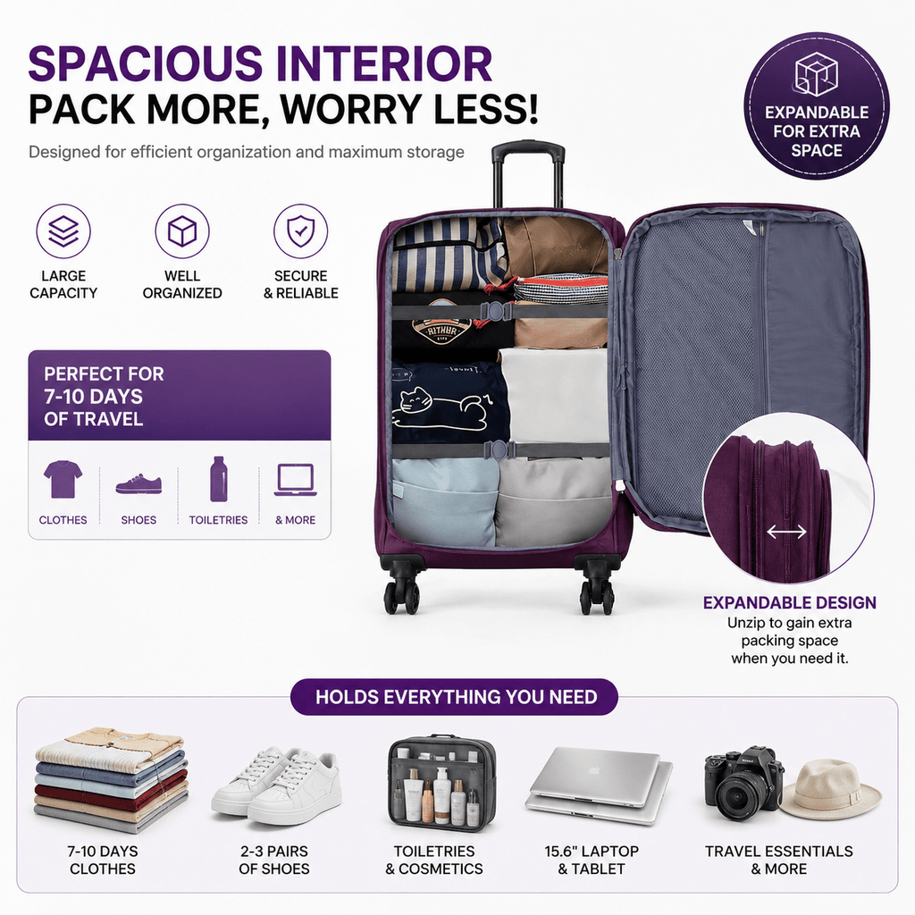 4-Piece Softside Expandable Luggage Set with Spinner Wheels, Lightweight Travel Suitcases with Telescopic Handle, Nested Storage Design