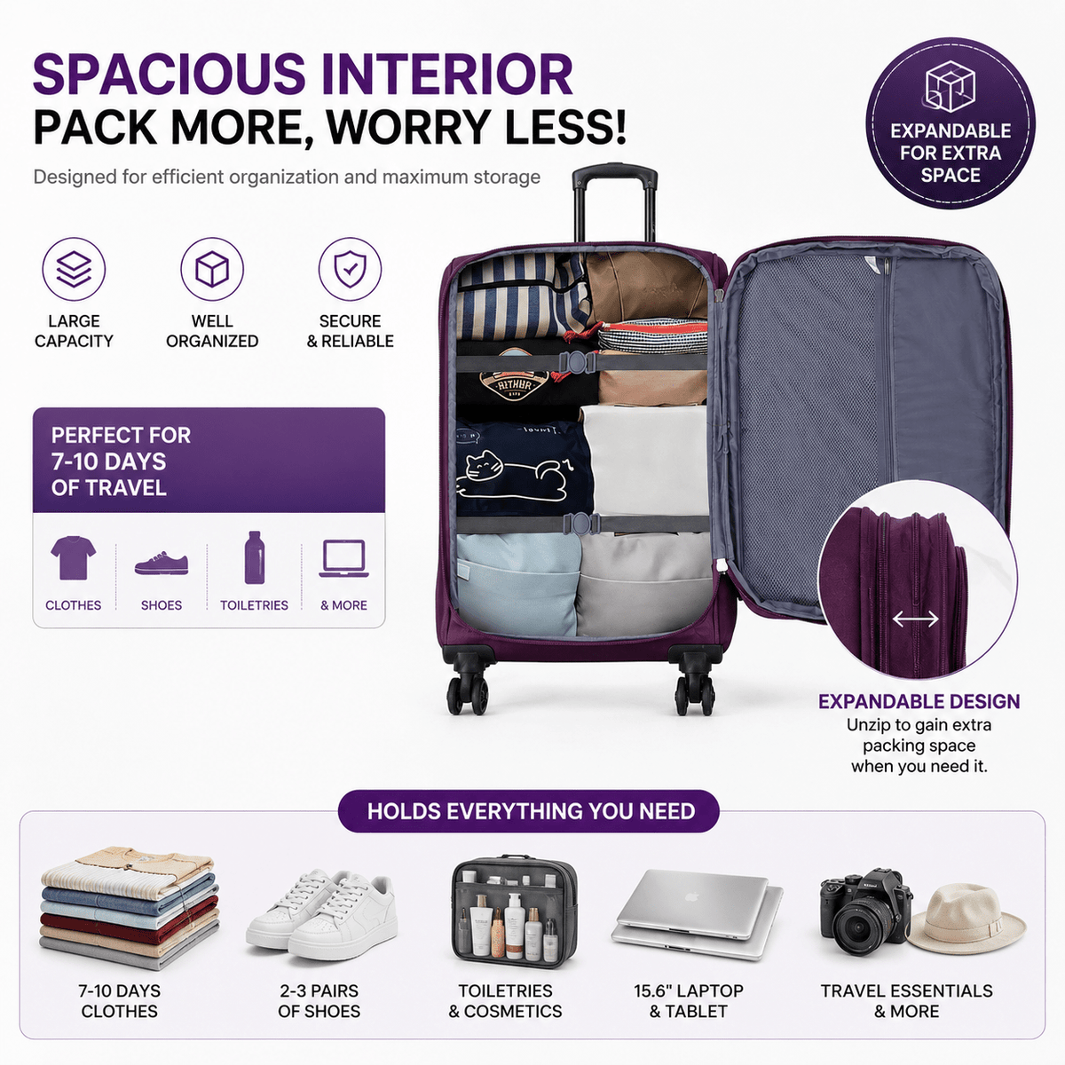 4-Piece Softside Expandable Luggage Set with Spinner Wheels, Lightweight Travel Suitcases with Telescopic Handle, Nested Storage Design