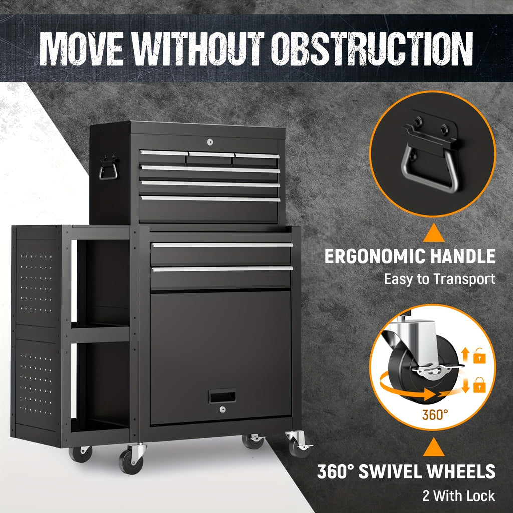 5/8-Drawer Rolling Tool Storage Cabinet with Side Cabinet, Metal Rolling Tool Chest with Wheels And Drawers, Detachable Top Tool Box, High Capacity Tool Storage Cabinet for Workshop Mechanics Garage, for Studios, Garages, Workshops