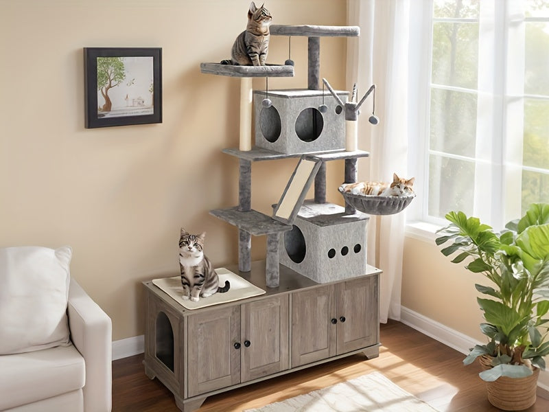 Double Litter Box Enclosure with Cat Tree, 45.3"L X 17.7"W X 68.9"H All-In-One Modern Cat Tower with Cat Bed, Hidden Litter Box Enclosure Furniture, with Hammock, Sisal Posts, Greige
