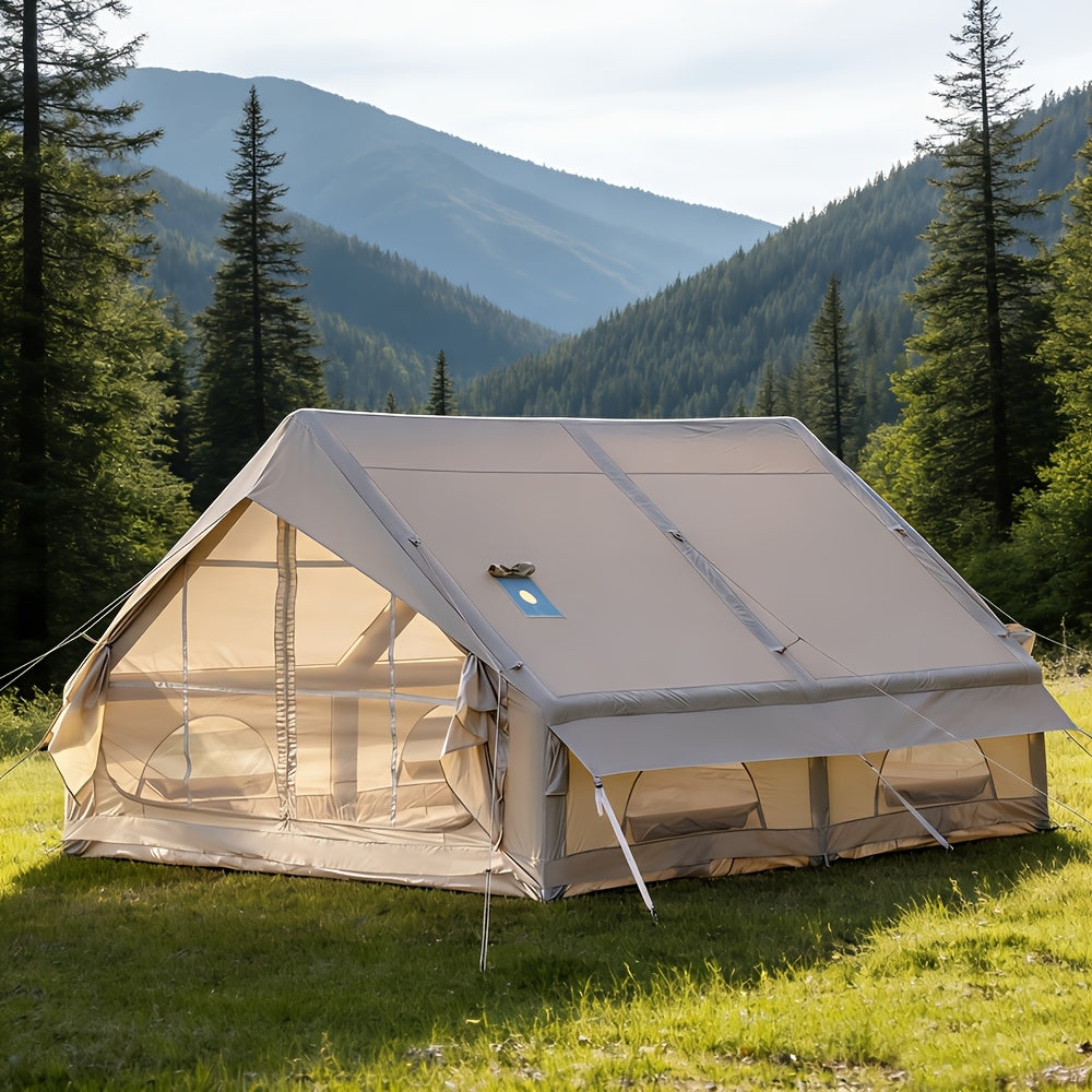 129 Sq.ft Inflatable Camping Tent | Outdoor Blow Up Tent Oxford 4 Season Air Tent Cabin House with Mesh Windows & Door, PVC & Polyester Material, Double Door, 2000mm-3000mm, Suitable for All Seasons