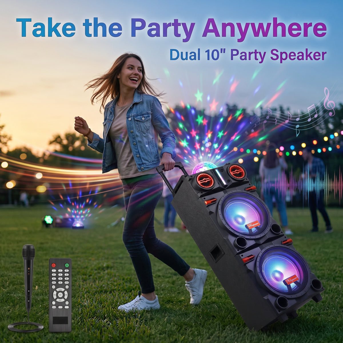 Dual 10" Bluetooth Karaoke Speaker, Portable Subwoofer with Heavy Bass, LED Flashing Lights, Mic & Remote, Multi-Mode (BT/USB/TF/AUX/FM), TWS Pairing, Handle & Wheels for Home, Party, Outdoor Events
