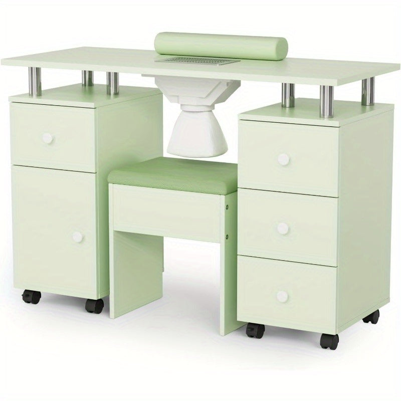 Professional Nail Desk and Chair Set with Stool - Heavy-Duty Mobile Manicure Station w/Dust Collector, Acetone-Resistant Desktop, 4-Wheel Rolling Cart & Storage Drawers - Heavy-Duty Nail Tech Table for Salon, Home, or Spa - (White/Black/Lavender/Mint Gree