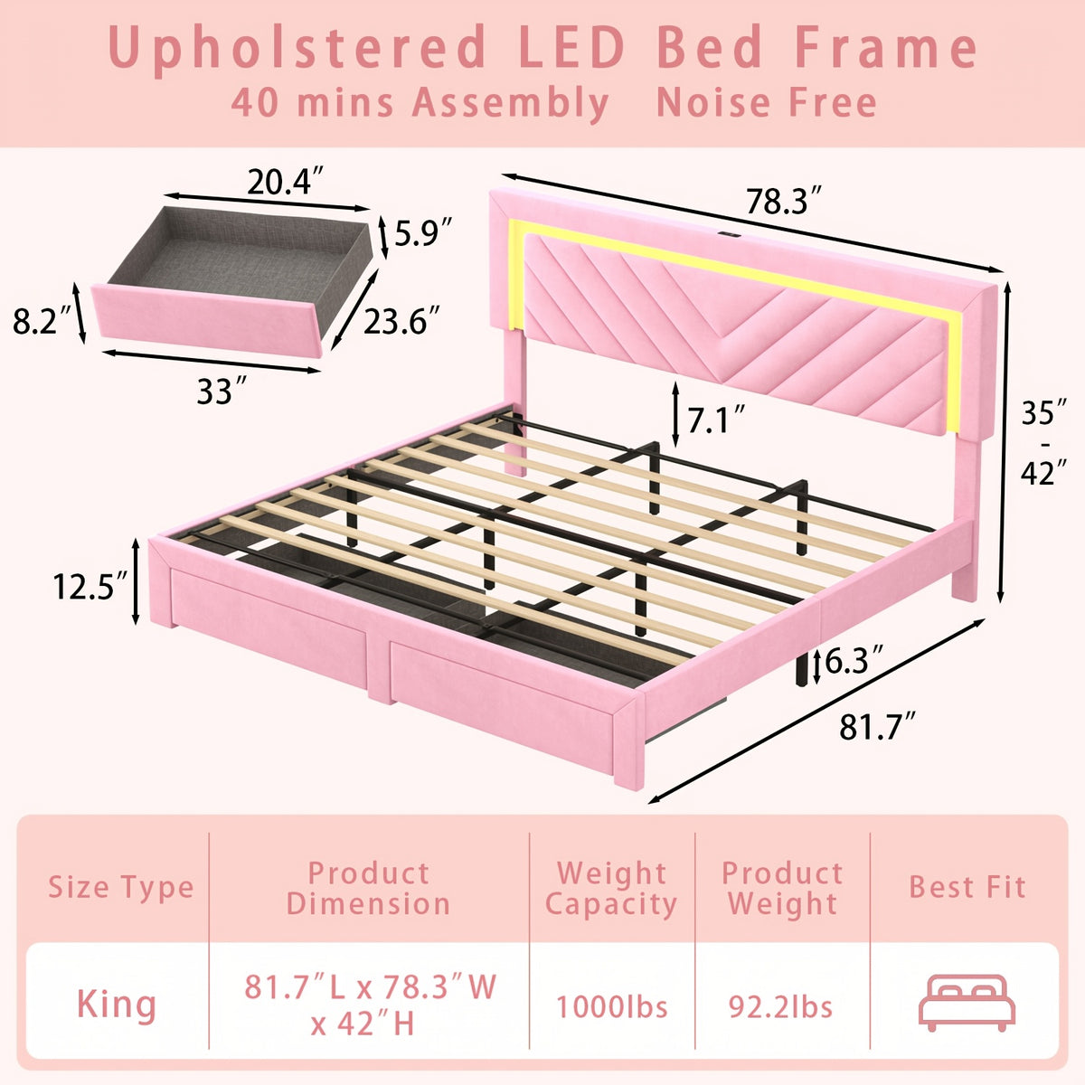 Pink Bed Frame with LED Headboard and Charging Station, 2 Storage Drawers, No Box Spring Needed, Noise Free