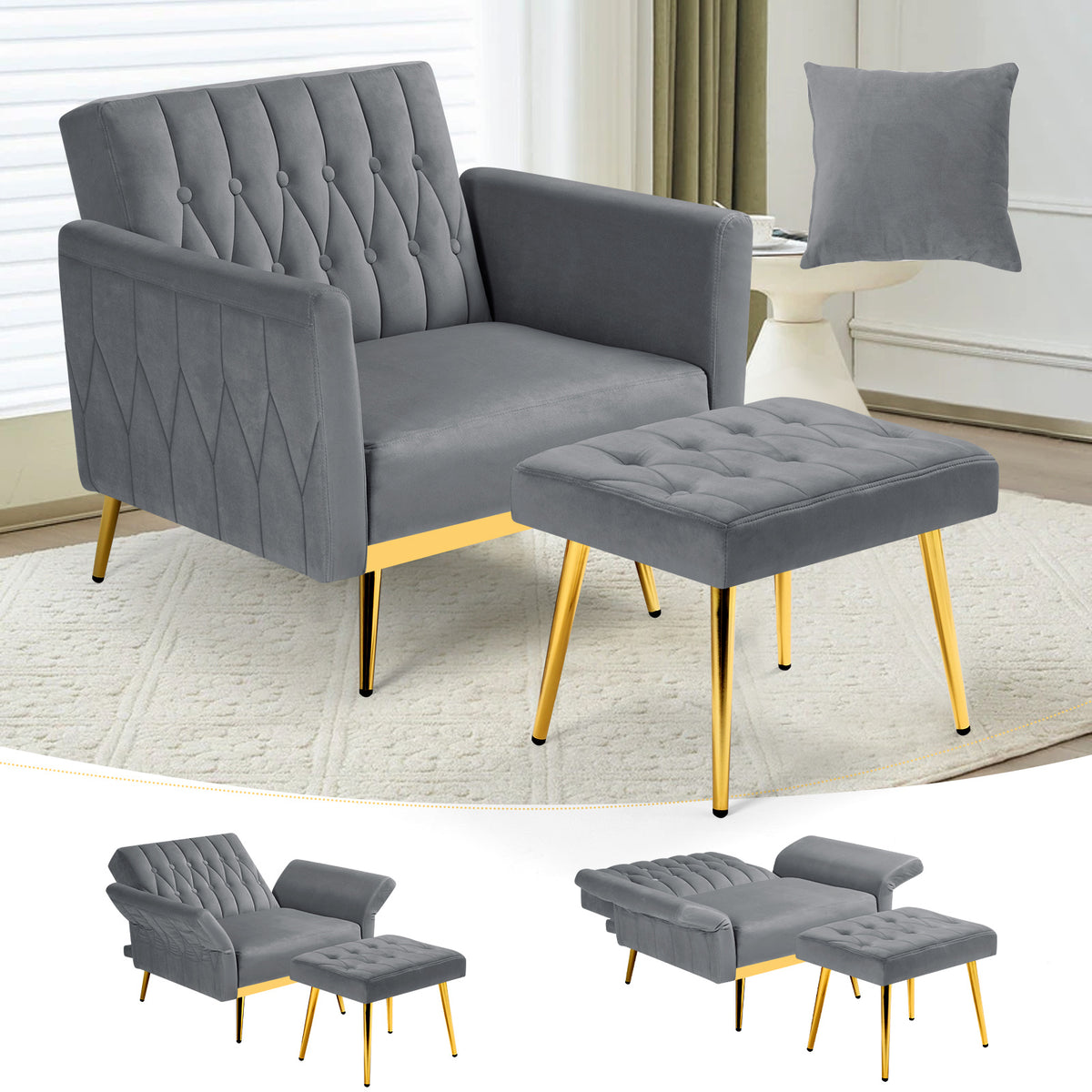 ACMEASE 31.5 Inch Velvet Adjustable Accent Chair with Ottoman & Pillow, Tufted Single Sofa Chair with Golden Metal Legs for Living Room