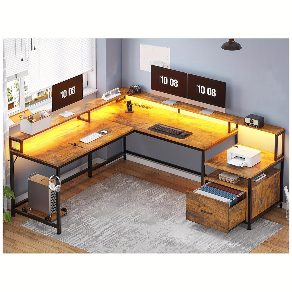 L Shaped Desk for Home Office, Reversible Corner Computer Desk with File Drawer, Led Lights and Monitor Shelf, Two Person Desk