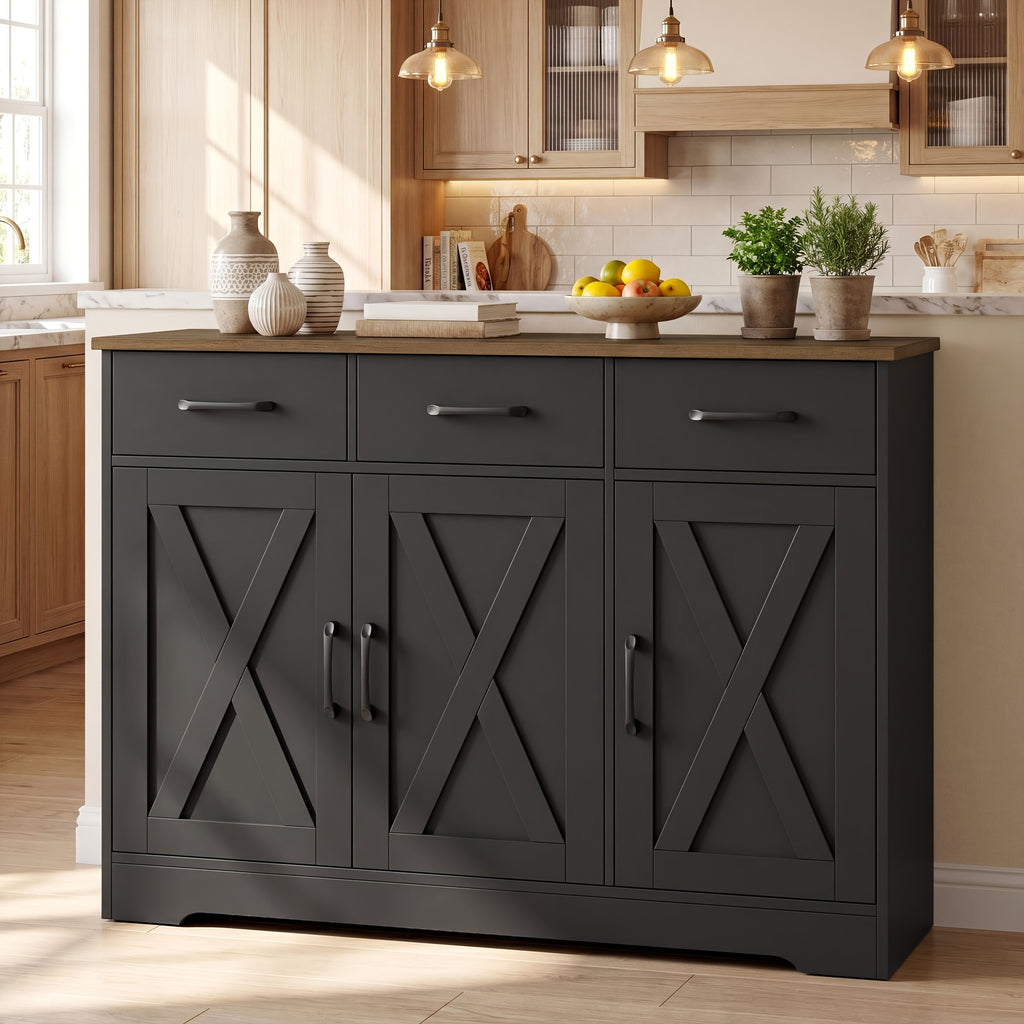 FULTRU Modern Farmhouse Cabinet with Barn Door & Sliding Panel Doors Suitable for Kitchen, Dining Room Storage, Freestanding Buffet Furniture with Drawers and Open Shelves, Assembly Required, Multifunctional Sideboard