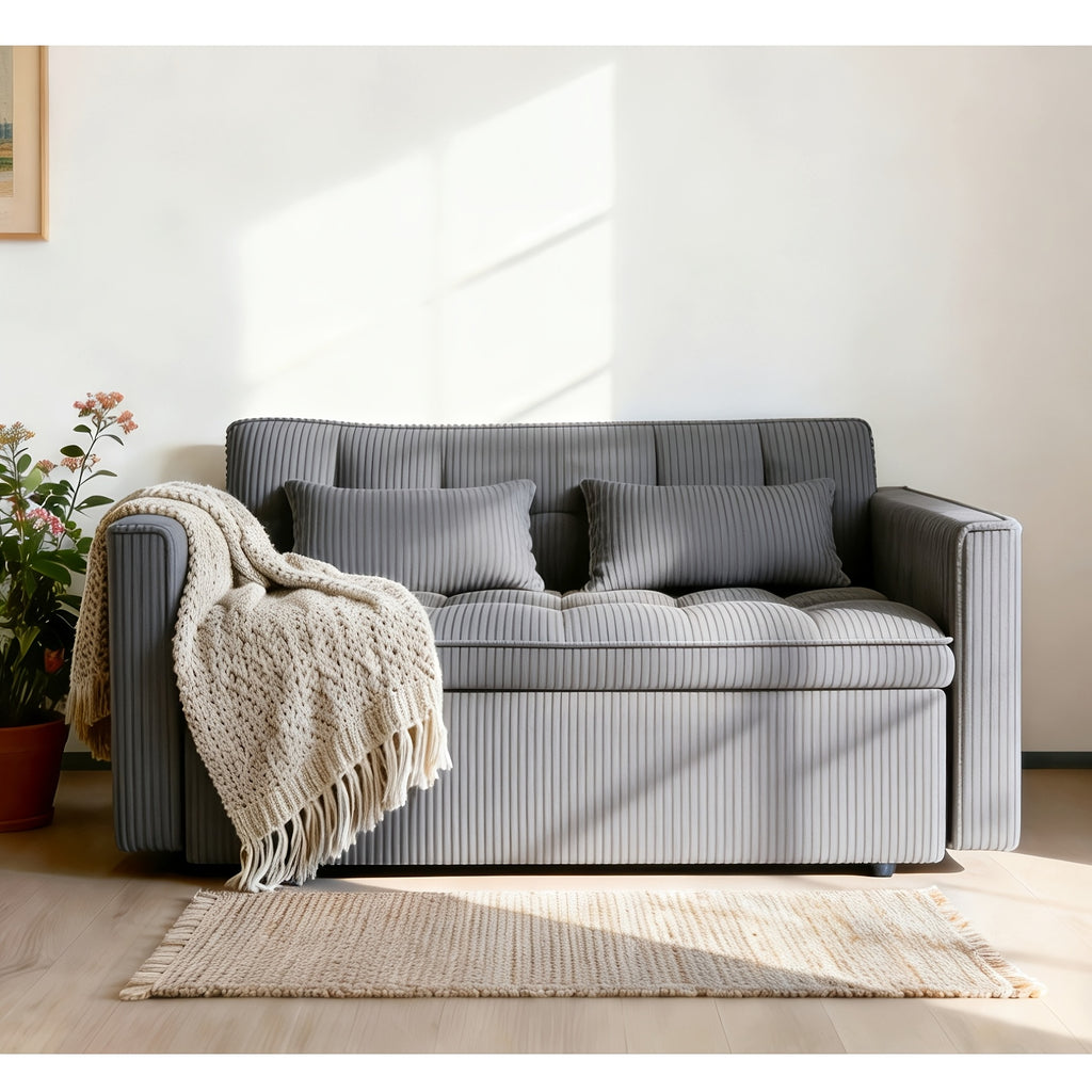 3-in-1 Convertible Sofa Bed, 54-inch Striped Velvet Pull-out Sofa Bed with Adjustable Backrest And 2 Pillows, Small Double Lounge Sofa Suitable for Small Spaces