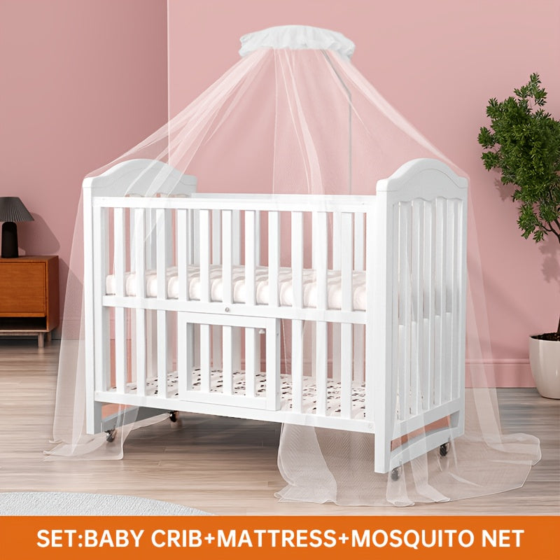 Non-full-size Wooden Convertible Crib with a Dome-shaped Mosquito Net and 3-inch Sponge Mattress, Convertible into a Rocking Bed. Features a Three-position Adjustable Bed Base Height and Oversized Storage Space at the Bottom. Equipped with TPR Steel