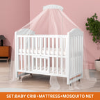 Non-full-size Wooden Convertible Crib with a Dome-shaped Mosquito Net and 3-inch Sponge Mattress, Convertible into a Rocking Bed. Features a Three-position Adjustable Bed Base Height and Oversized Storage Space at the Bottom. Equipped with TPR Steel