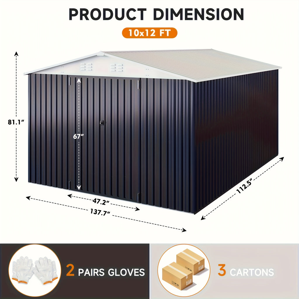 5x3-12x14ft Outdoor Storage Shed, Metal Garden Shed with Updated Frame Structure, Tool Sheds for Backyard Garden Patio Lawn, Black Or White