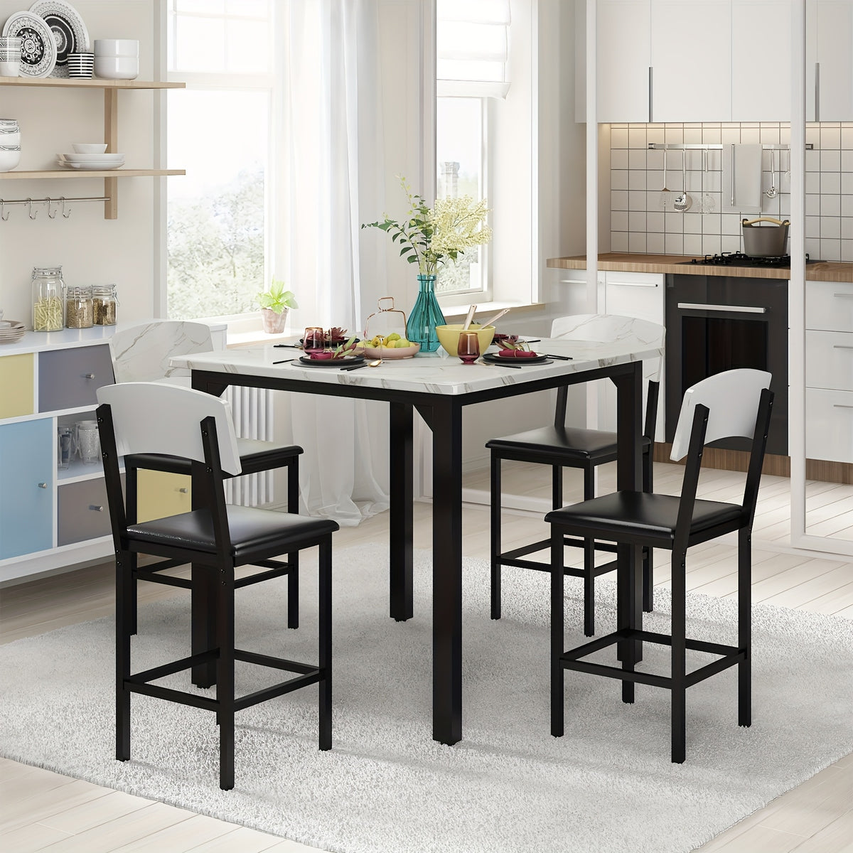 5pcs Dining Table and Chair Set, Modern Contemporary Kitchen Furniture with Upholstered Chairs, Rectangle Mixed Color Counter Height Table and 4 Bar Stools, Compact for Small Space, Imitation Marble Texture, Suitable for Living Room and Bar