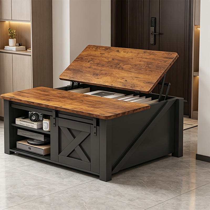 Courtyard Coffee Table, Lift Top Coffee Table with Hidden Storage, Wooden Square Center Table with Adjustable Shelves, Multifunctional Living Room Furniture for Home & Apartment