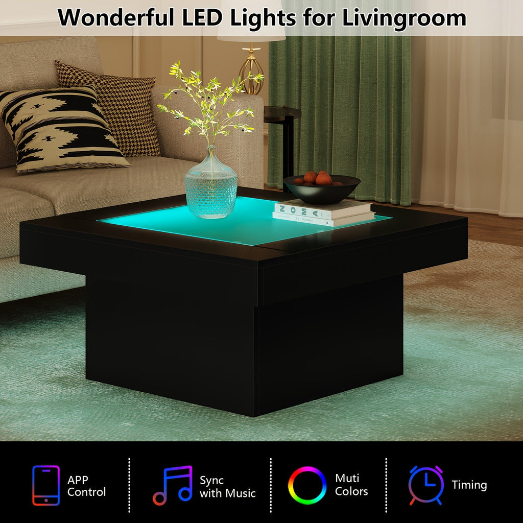 Square Coffee Table with LED Lights for Living Room, 35.4" Large Black Coffee Tables, Tempered Glass-top Modern Center Table, Engineered Wood Coffee Table for Home Office