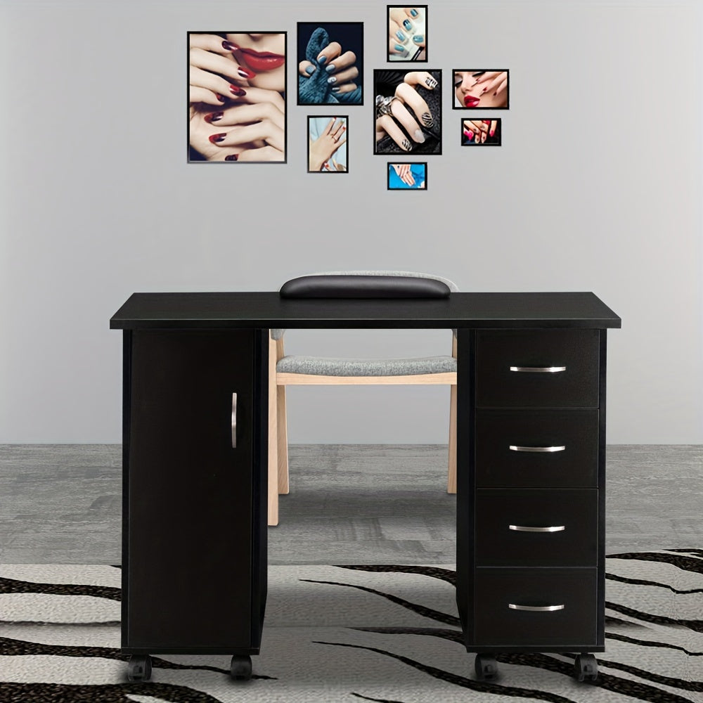 White/Black Melamine Laminate Textured Particle Board Nail Table, 47.2" X 21.3" X 31.9" 1-Door 4-Drawer Design, Ventilation-Free Manicure Station