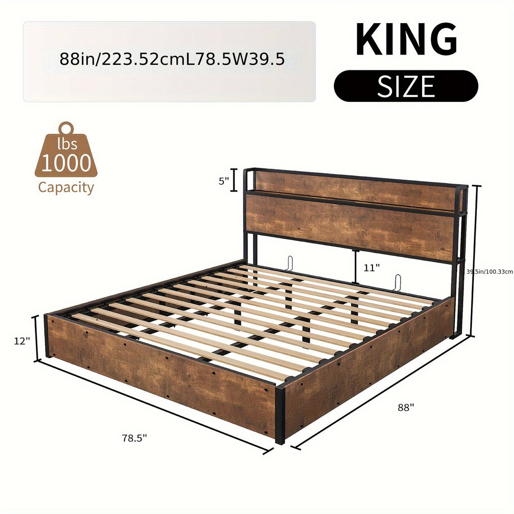 Full Queen King Size Lift Up Storage Bed, Wood Platform Bed Frame with Storage Headboard & Charging Station, No Box Spring Needed, Easy Assembly