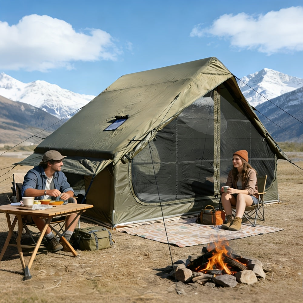 Inflatable Camping Tent（Optional: Skylight, Stove Jack） for 4-6 Person,4 Season Camping Tent, Large Luxury Air Tent with Manual Pump, Easy Setup Portable Glamping House, High Quality Windproof Family Outdoor Shelter Best Valentine's Day Gifts
