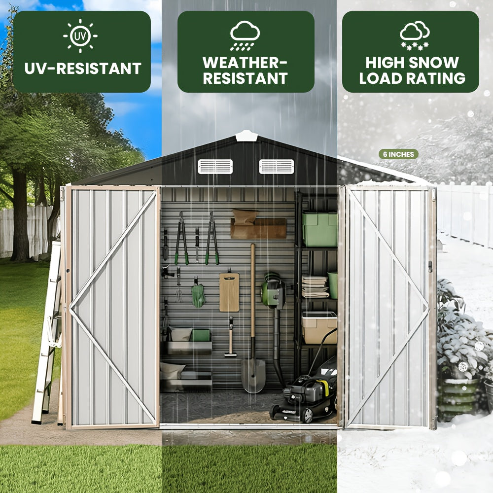 [Metal Storage Shed] 8x6ft (7.33'x5.28' Base, No Floor), 6 X 4ft, 10x12ft, 10x14ft, Metal Steel Outdoor Storage Shed with Air Vent & Lockable Doors, for Garden, Patio And Backyard, Tools, Bike