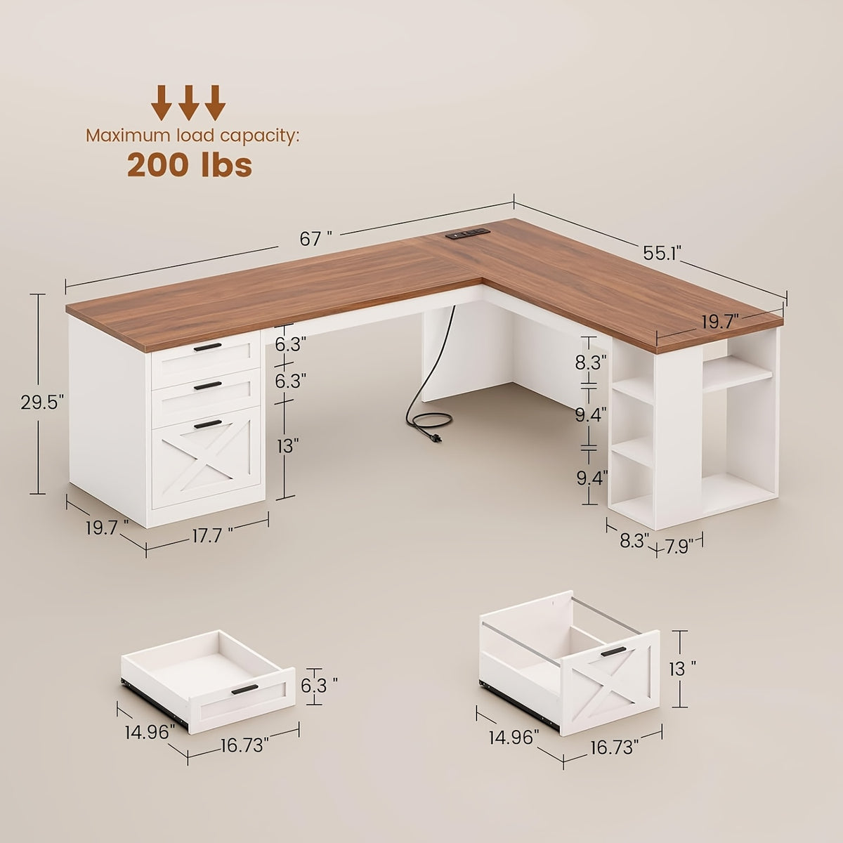 Farmhouse L-Shaped Desk with Storage, Large Computer Desk with Power Outlets, Home Office Desk with Drawers And Open Shelves, Corner Wood Desk, White And Brown Top