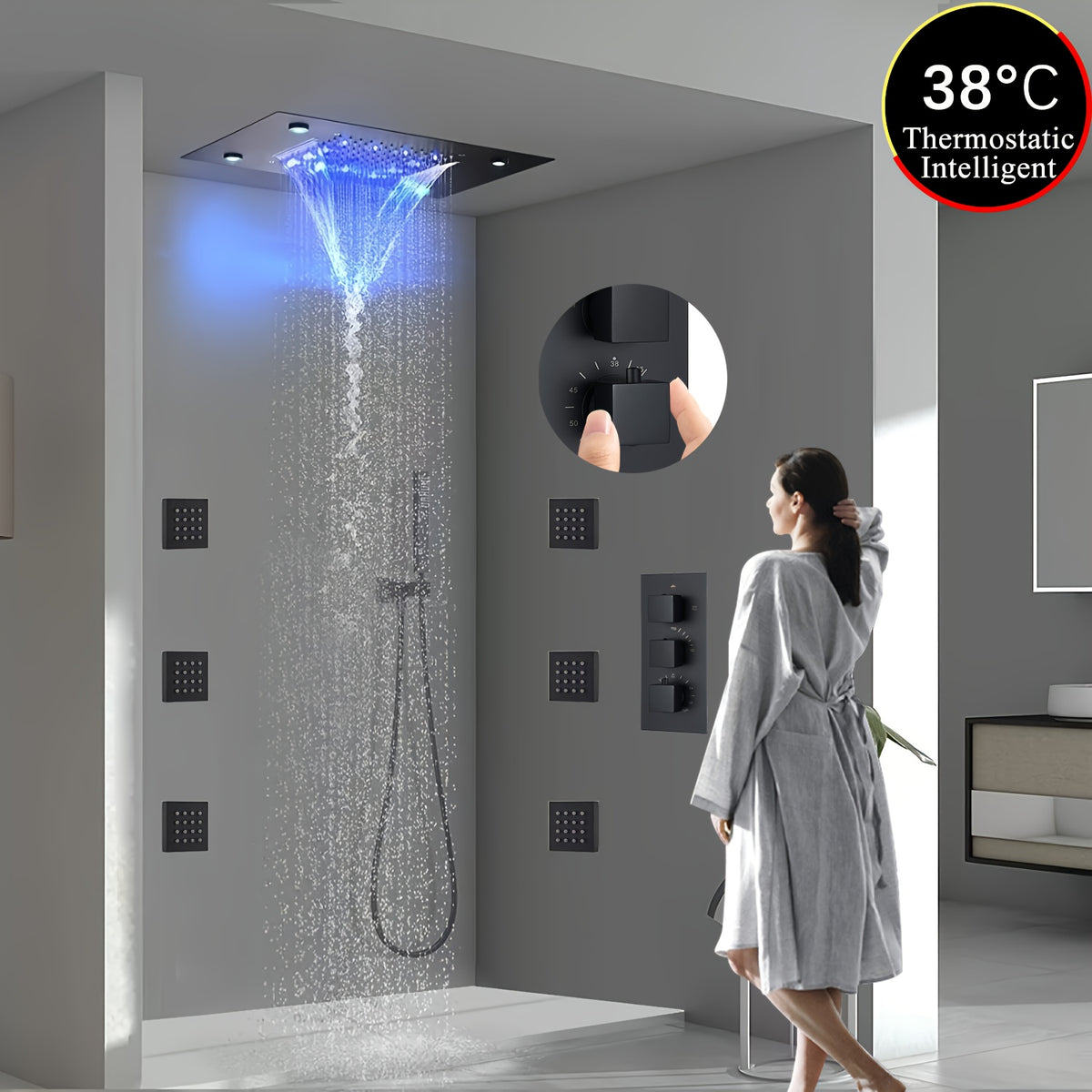 Thermostatic Shower System Set, Featuring a 14X20 Inch LED High-Pressure Rainfall Shower Head, a Luxurious Bathroom Combo with a Handheld Sprayer And Six Massage Body Jets, Including Rough-In Valve Body And Trim, Bathroom Additions in Matte Black