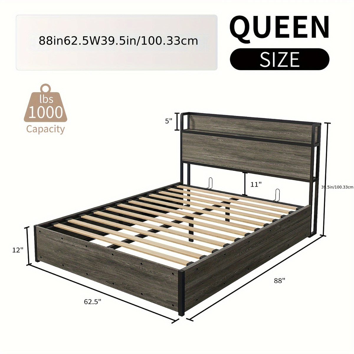 Full Queen King Size Lift Up Storage Bed, Wood Platform Bed Frame with Storage Headboard & Charging Station, No Box Spring Needed, Easy Assembly