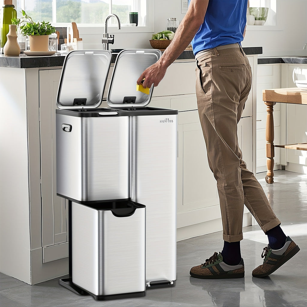 16 Gallon/60L Heavy-Duty Stainless Steel 3-Compartment Trash Can with Dual-Action Pedal & Hands-Free Operation, Odor-Proof Wet/Dry Separation System, Silent Close Lid, Removable Bins - Commercial/Residential Kitchen/Office Waste Disposal