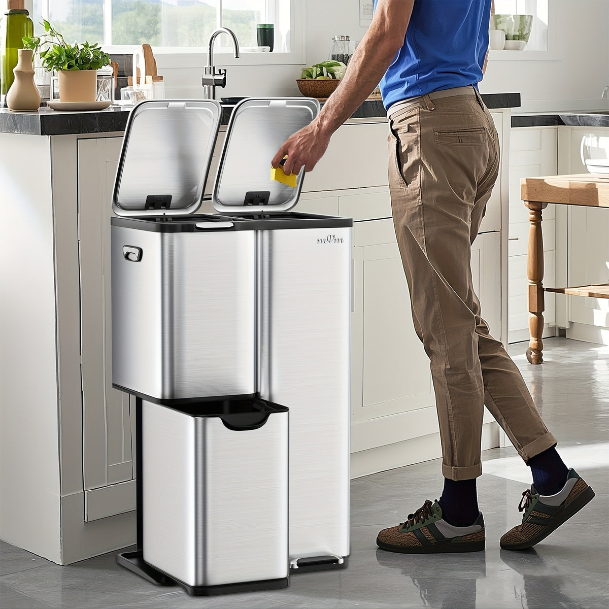 16 Gallon/60L Heavy-Duty Stainless Steel 3-Compartment Trash Can with Dual-Action Pedal & Hands-Free Operation, Odor-Proof Wet/Dry Separation System, Silent Close Lid, Removable Bins - Commercial/Residential Kitchen/Office Waste Disposal