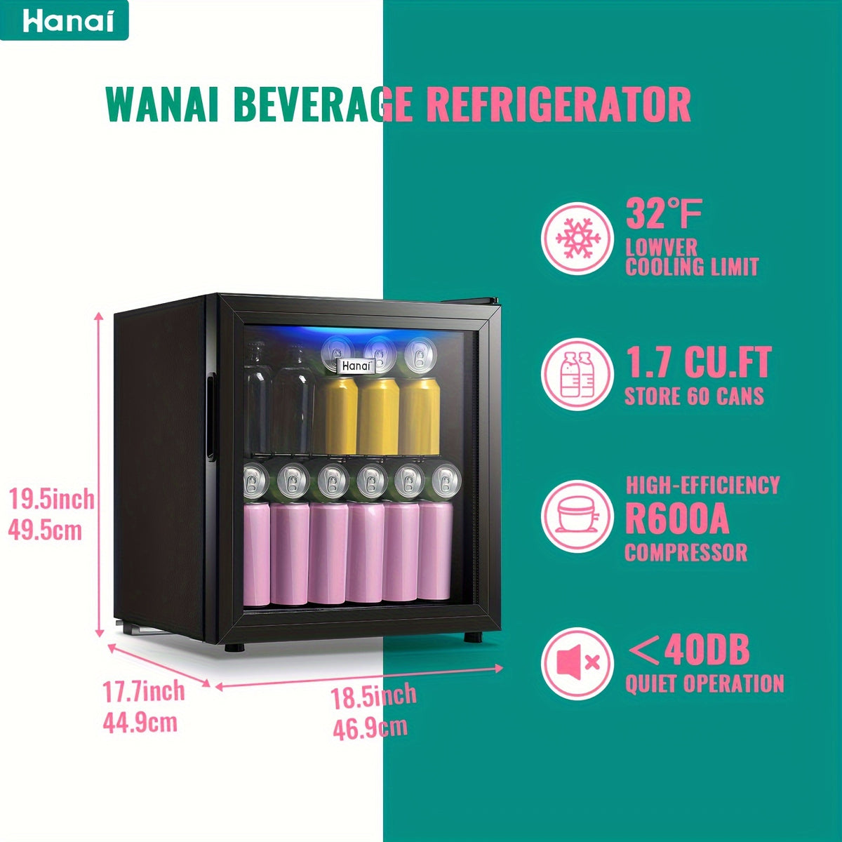WANAI Beverage Refrigerator 125 Can Mini Fridge Cooler Black Mini Fridge Glass Door for Soda Juice Small Drink Cooler Machine Clear Front Removable for Home Office Bar Freestanding