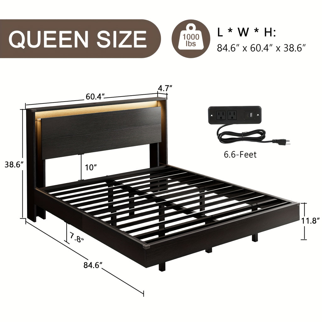 Floating Bed Frame with LED Lights & Charging Station, Heavy Duty Metal Support Frame, Easy Assembly, Bed Frame Without Mattres