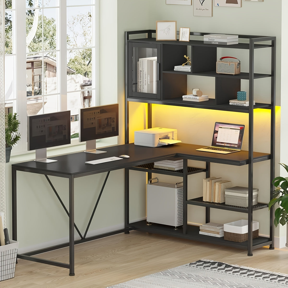L-Shaped Computer Desk, Reversible 58-Inch Corner Workstation with 7-Tier Shelves and RGB LED Lighting