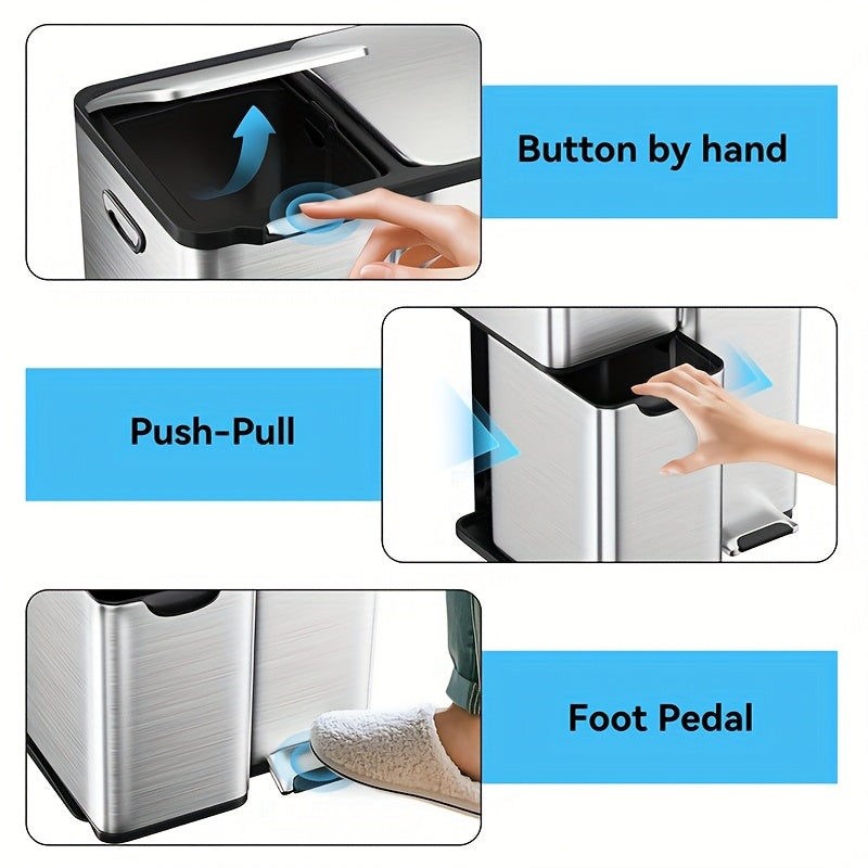 16 Gallon/60L Heavy-Duty Stainless Steel 3-Compartment Trash Can with Dual-Action Pedal & Hands-Free Operation, Odor-Proof Wet/Dry Separation System, Silent Close Lid, Removable Bins - Commercial/Residential Kitchen/Office Waste Disposal