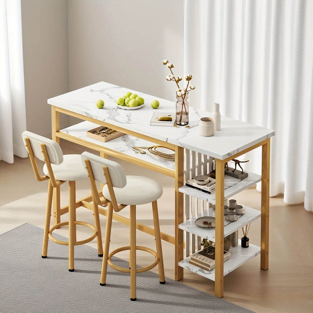 Bar Table with Stools Set Of 2, Kitchen Island with Seating Bar Table Set with Storage, Counter Height Small Dining Table And Chairs Set Of 2, Faux Marble Kitchen Table And Chairs Set with 2 PU Leather Upholstered Seat for Small Space, Dining Room