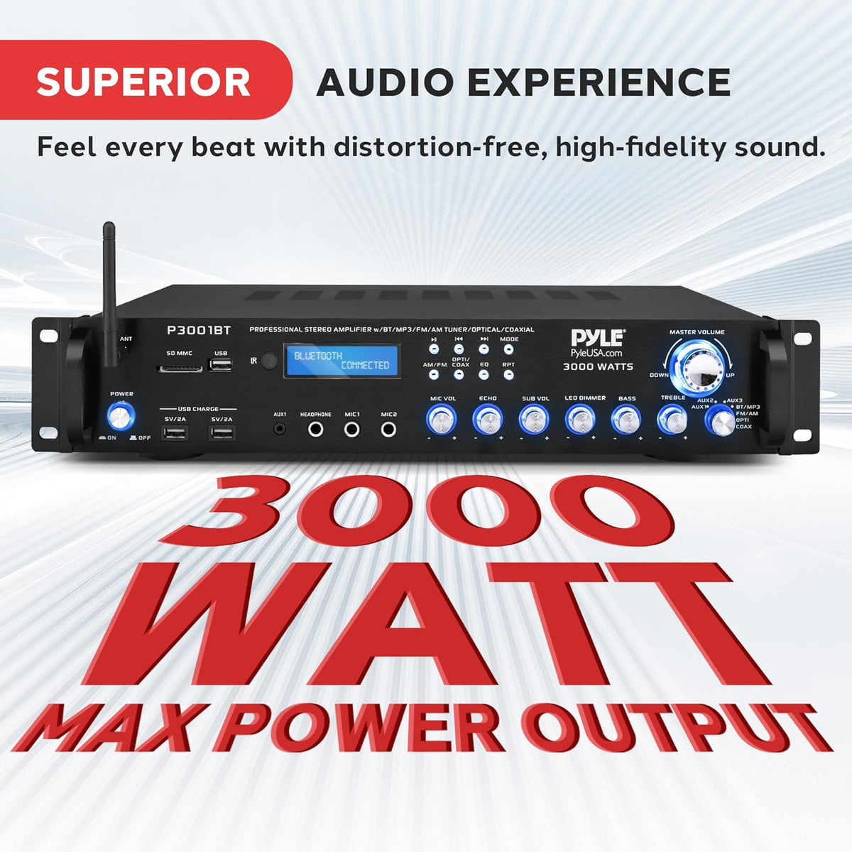 Bluetooth Hybrid Amplifier Receiver - Home Theater Pre-Amplifier with Wireless Streaming Ability w/ Digital Optical/Coax, MP3/USB/SD/AUX/FM Radio (3000 Watt)