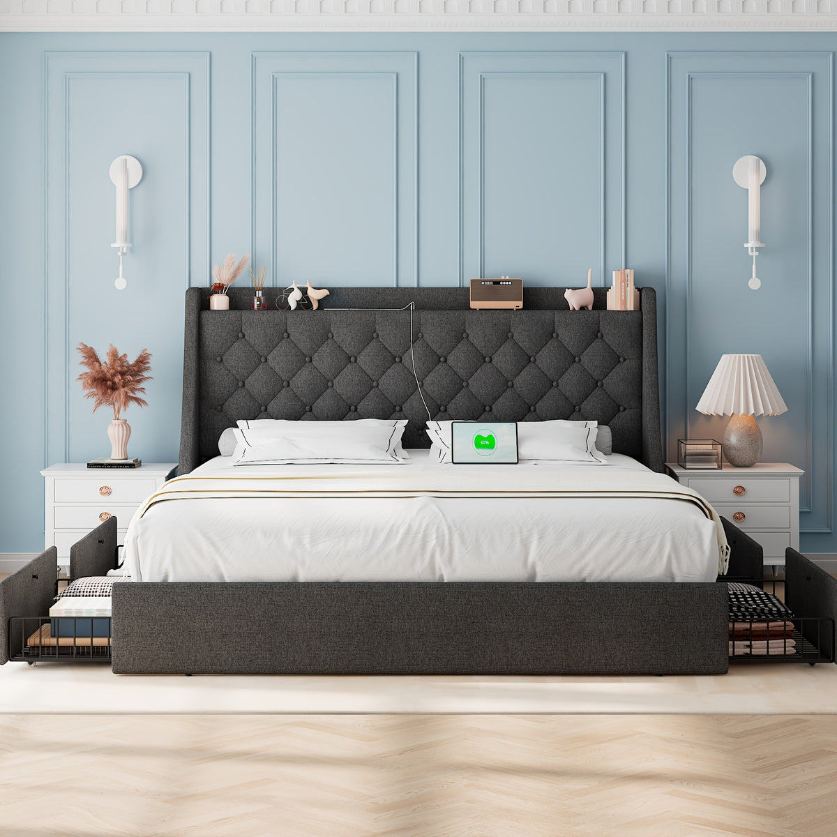 Bed Frame with Charging Station, Linen Fabric Storage Headboard, Storage Drawers on Both Sides, Solid Wood Slats Support